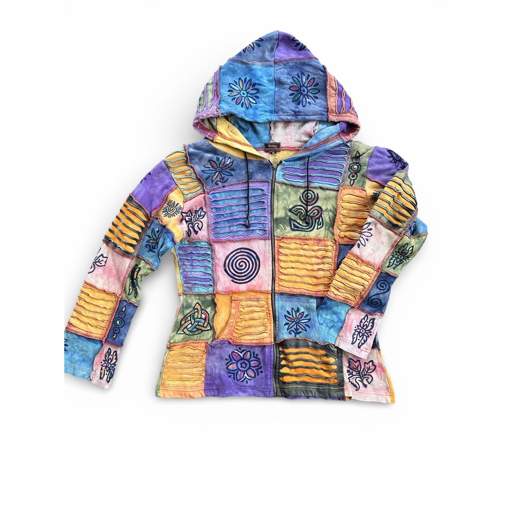 Rising International Patchwork Hoodie Women Medium Multi Color Excellent Boho Om